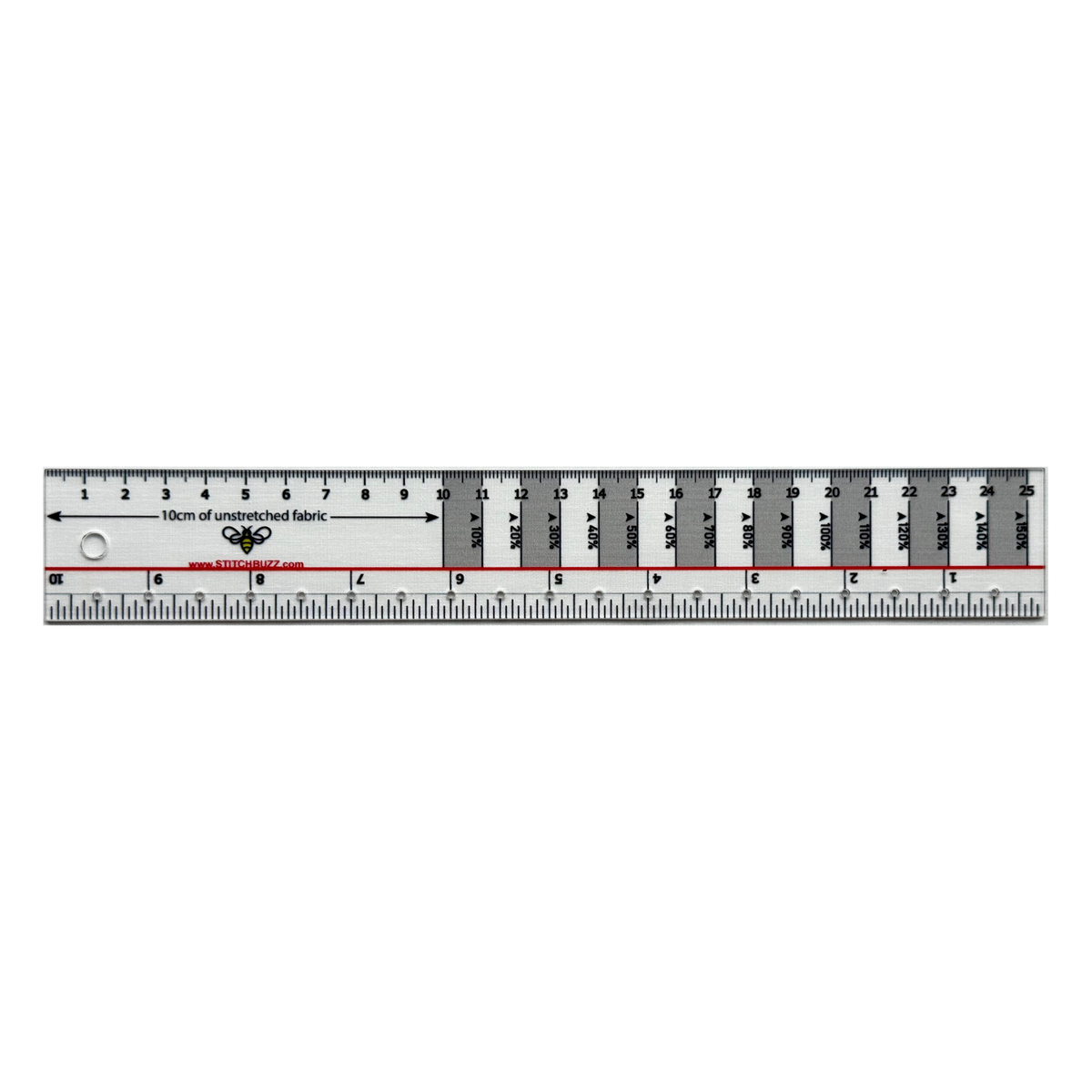 A metal stretch ruler with measurement markings for sewing and crafting.