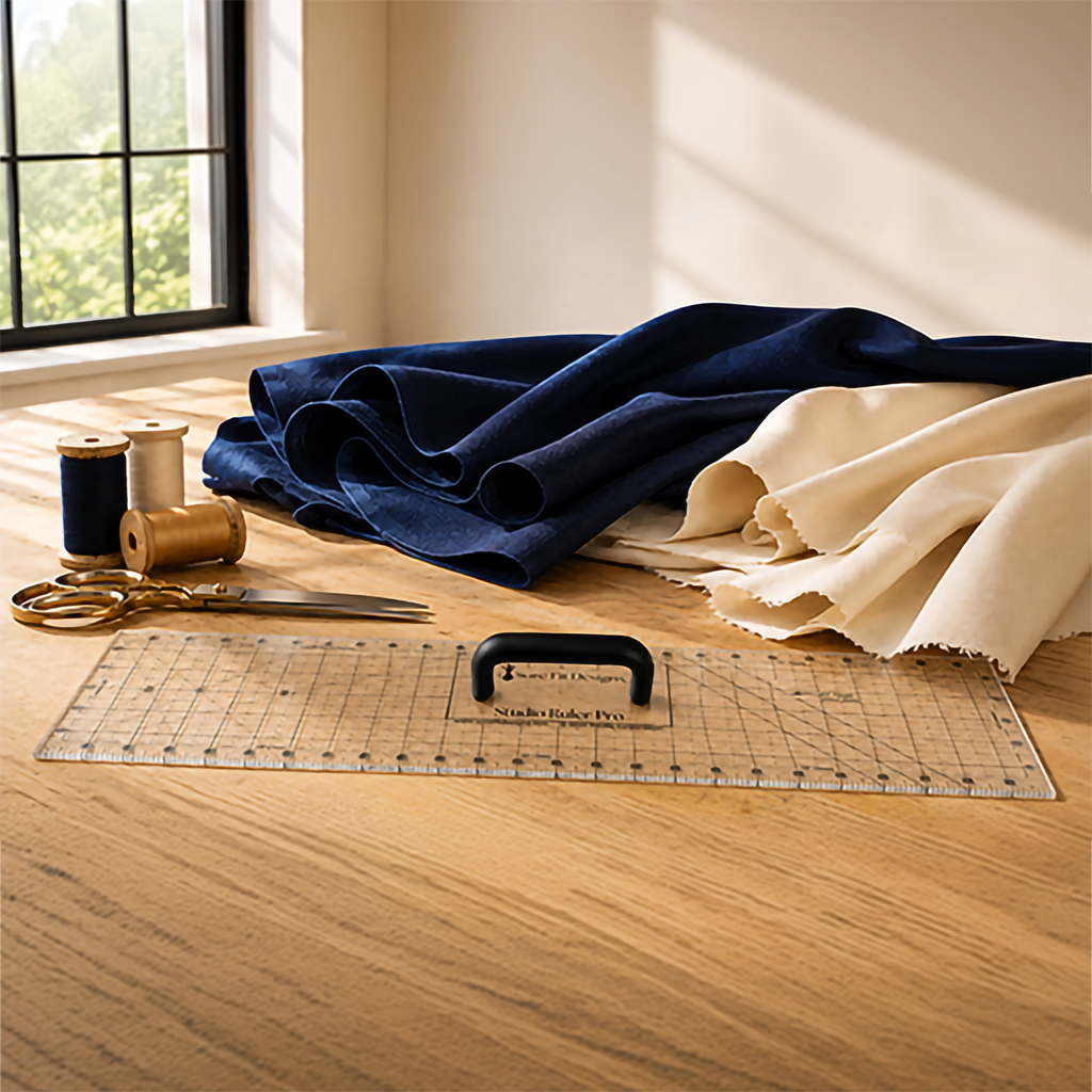 A sewing and fabric preparation setup on a wooden table near a window, featuring a navy blue fabric bolt, a cream fabric bolt, gold scissors, spools of thread, a clear grid cutting mat, and a black-handled ruler.