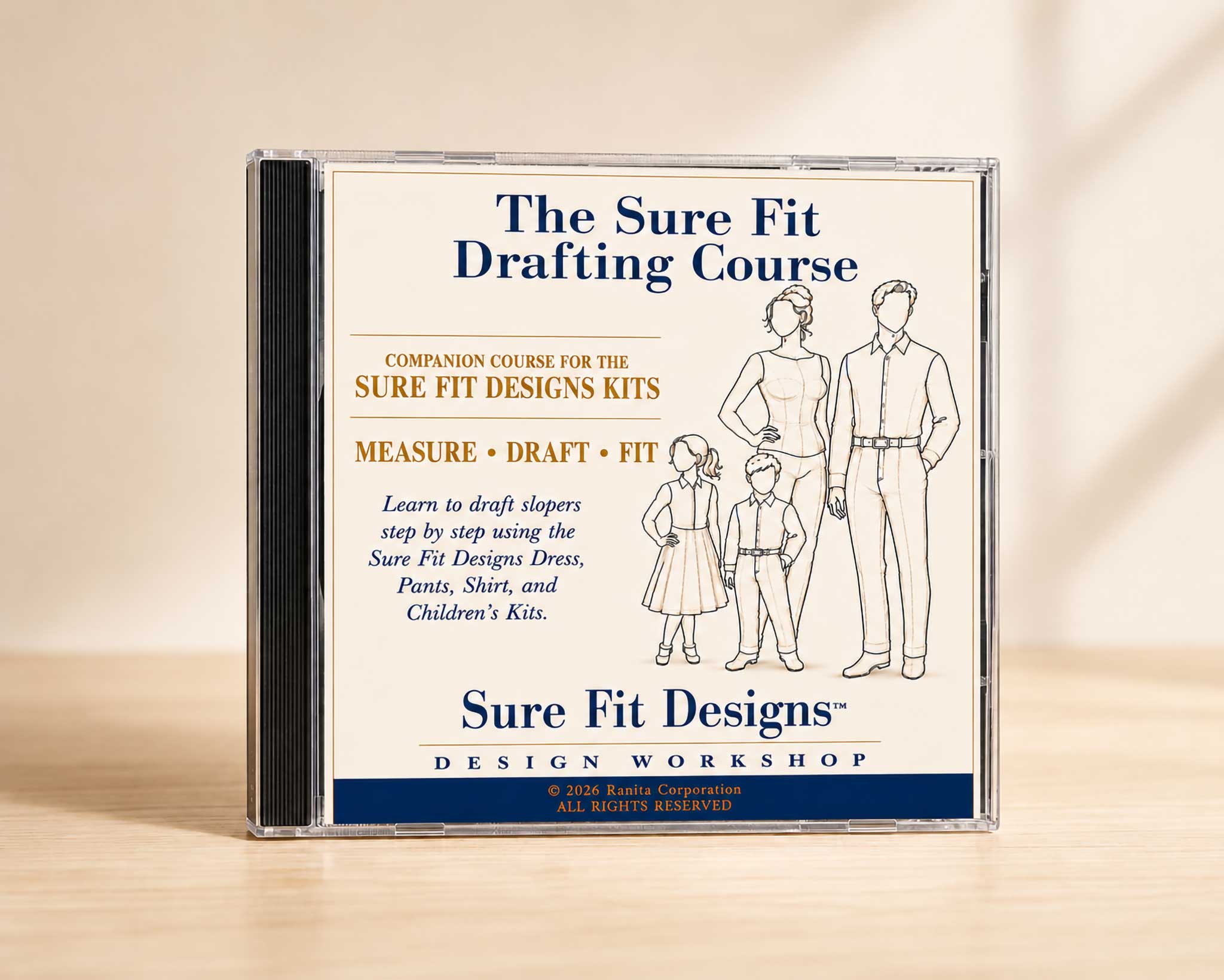 CD case for 'The Sure Fit Drafting Course' by Sure Fit Designs on a beige background