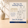 Sure Fit Drafting Course flyer on a wooden surface with a vase and branches in the background