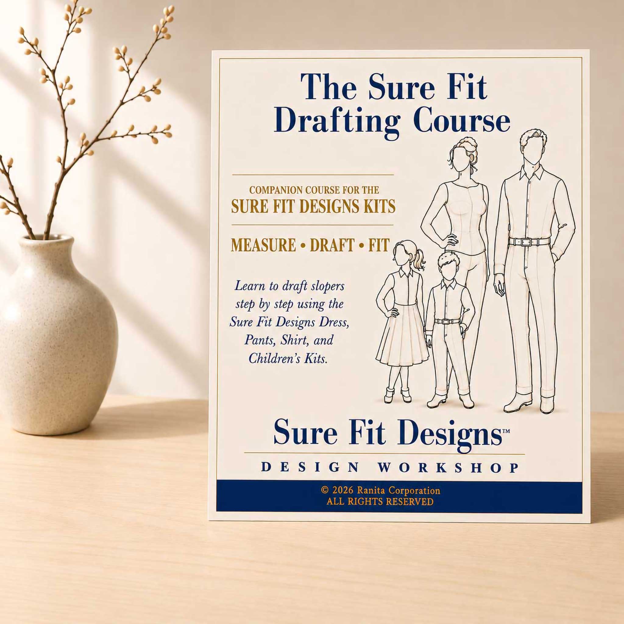 Sure Fit Drafting Course flyer on a wooden surface with a vase and branches in the background