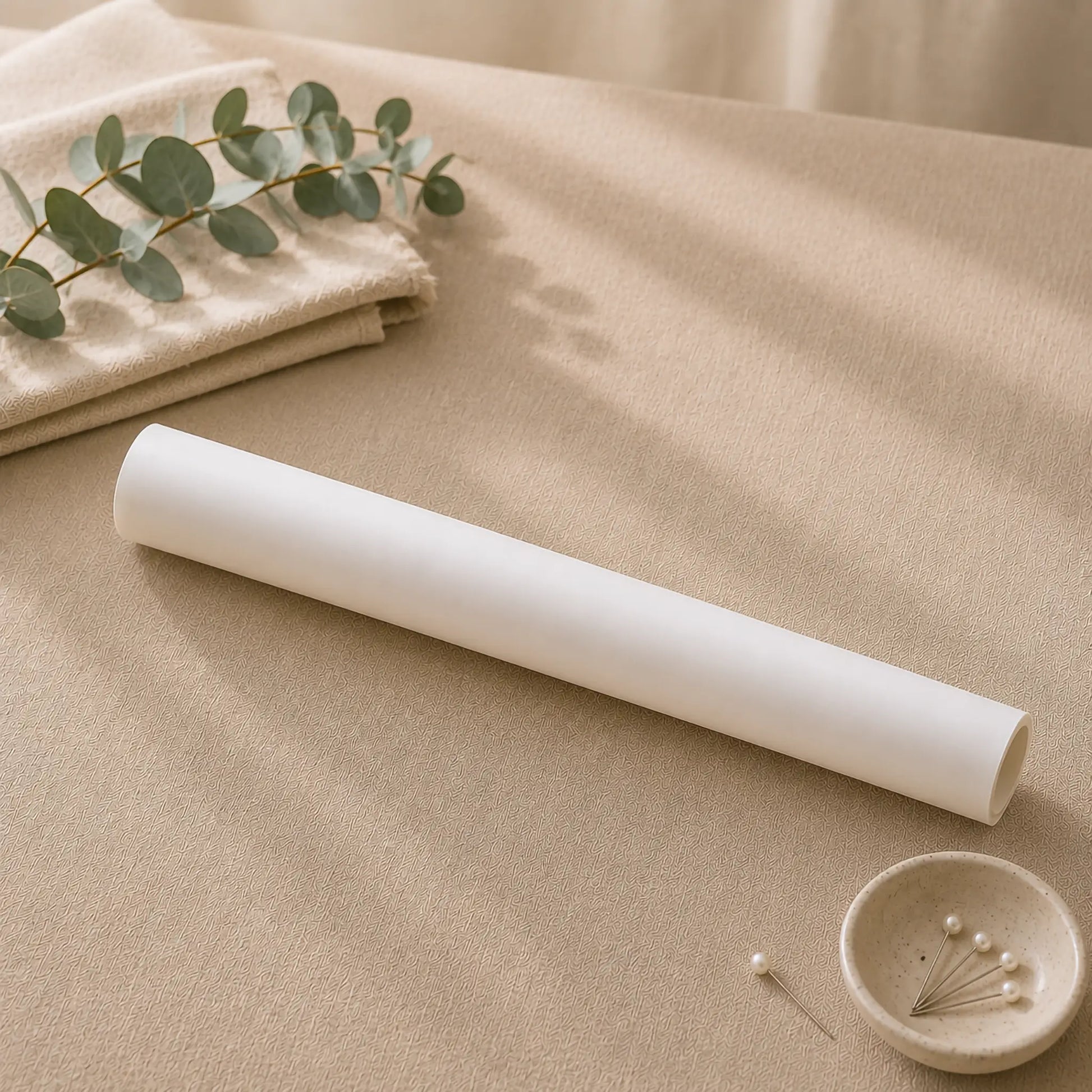 One roll of transparent tracing paper laid diagonally on a beige fabric surface, with a folded beige cloth, eucalyptus sprig, and a small wooden pin holder with pearl pins nearby.