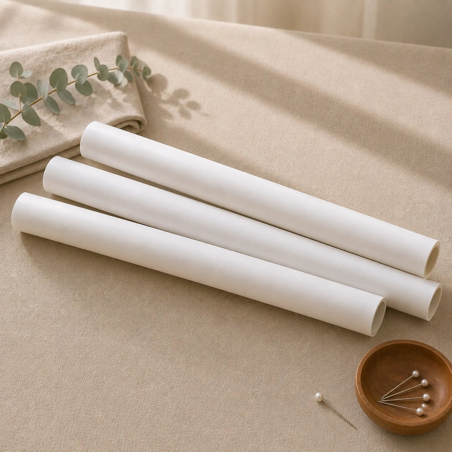 Three rolls of transparent tracing paper laid diagonally on a beige fabric surface, with a folded beige cloth, eucalyptus sprig, and a small wooden pin holder with pearl pins nearby.