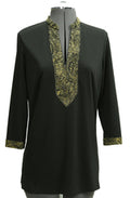 Black tunic with gold embroidery on a mannequin against a white background