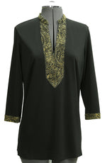 Black tunic with gold embroidery on a mannequin against a white background
