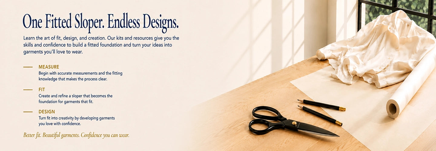 Promotional banner for a sloper course, featuring the text 'One Fitted Sloper. Endless Designs.