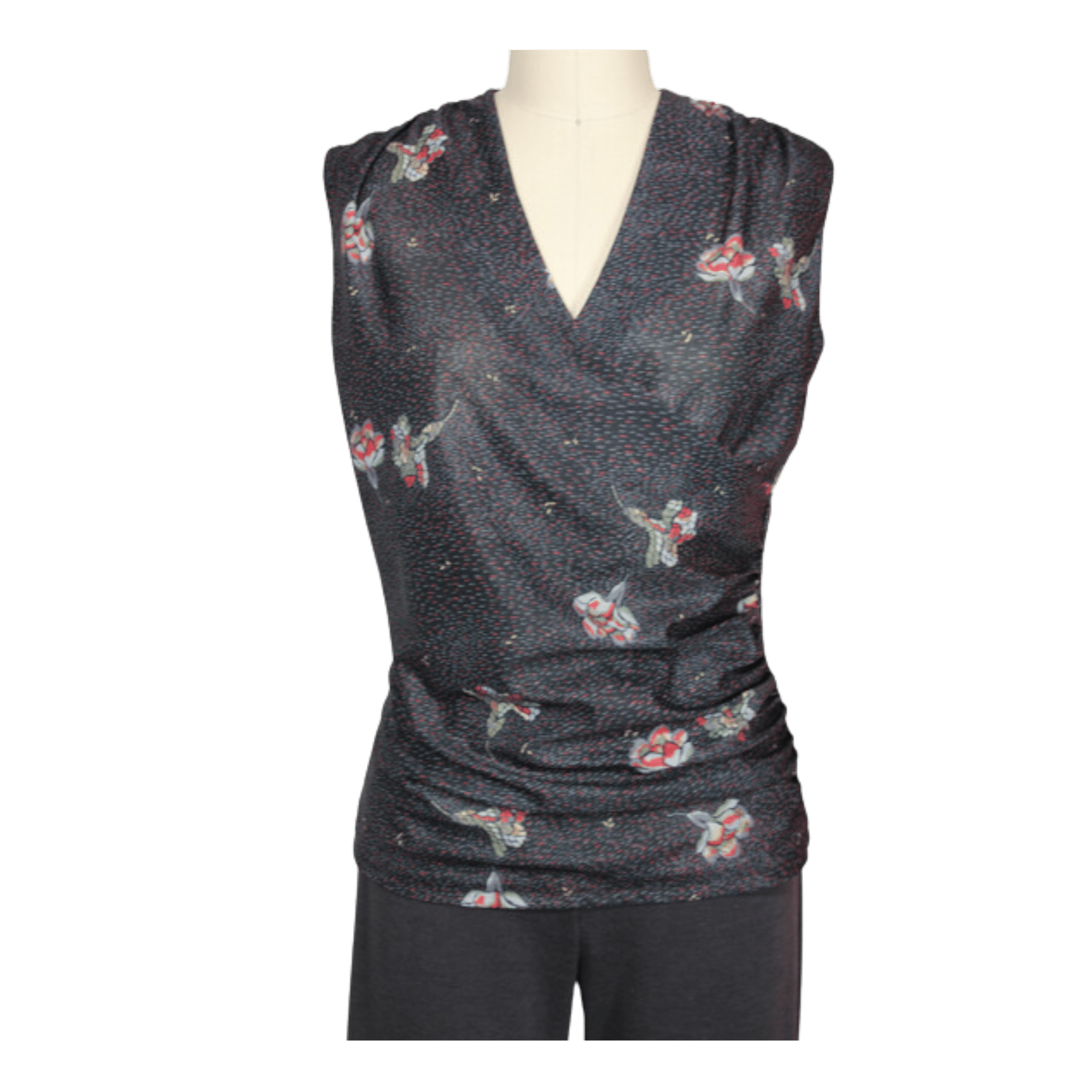 Dark gray sleeveless top with floral patterns on a mannequin against a transparent background