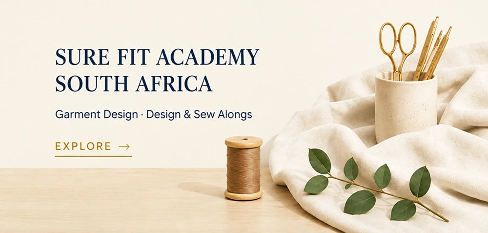 Promotional banner for Sure Fit Academy South Africa, featuring the text 'Garment Design • Design & Sew Alongs' and 'EXPLORE ->' on a light beige background, styled with a wooden spool of thread, a cream fabric cup holding gold scissors and knitting needles, and green eucalyptus leaves on a light wood surface.