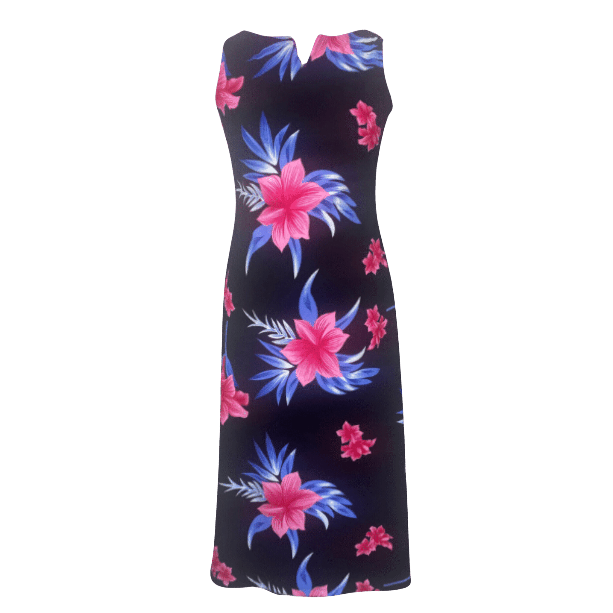 Floral dress with pink and blue flowers on a black background