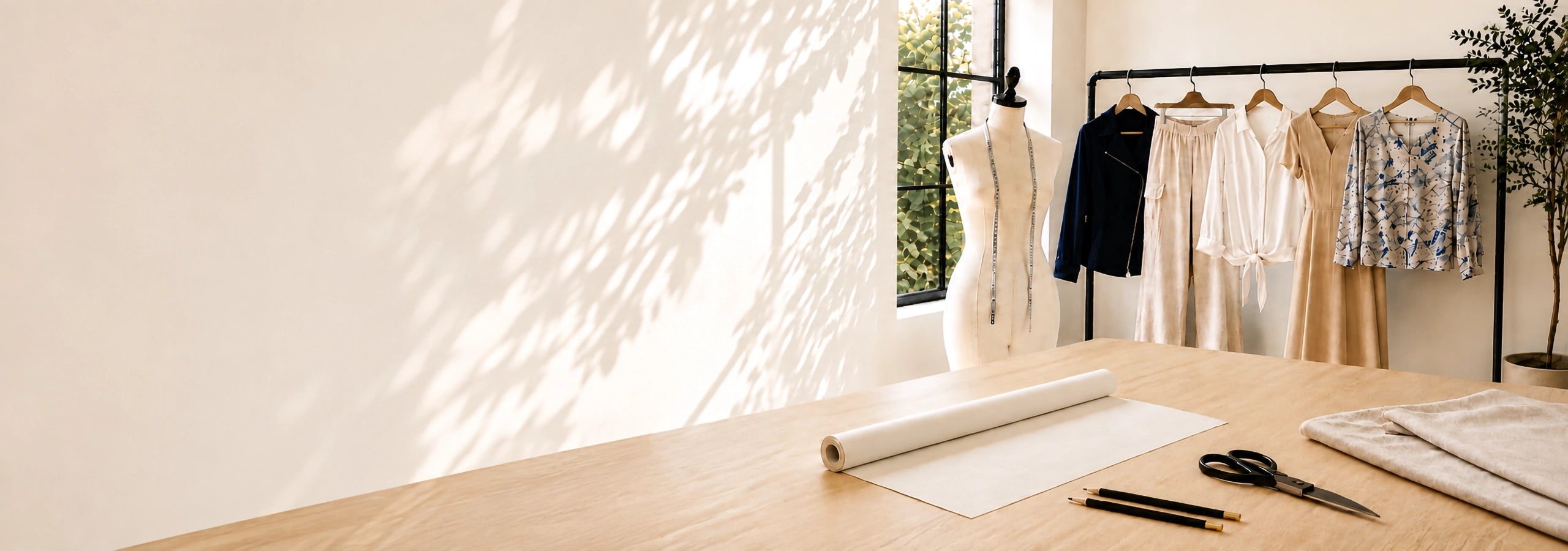 A beautiful room with a light maple worktop with paper and fabric, a mannequin and a clothes rack with a jacket, pants, shirt, dress and blouse