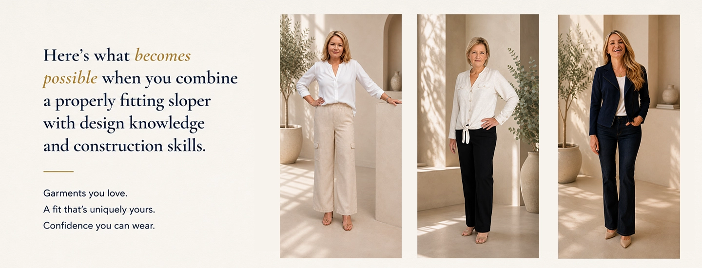 A promotional banner with text on the left and three vertical lifestyle photos of a woman modeling tailored outfits on the right. The text reads, 'Here's what becomes possible when you combine a properly fitting sloper with design knowledge and construction skills.